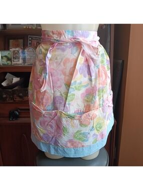 True Vintage Floral Half Apron 1960's Handmade Pastel Watercolor Design  Pockets
